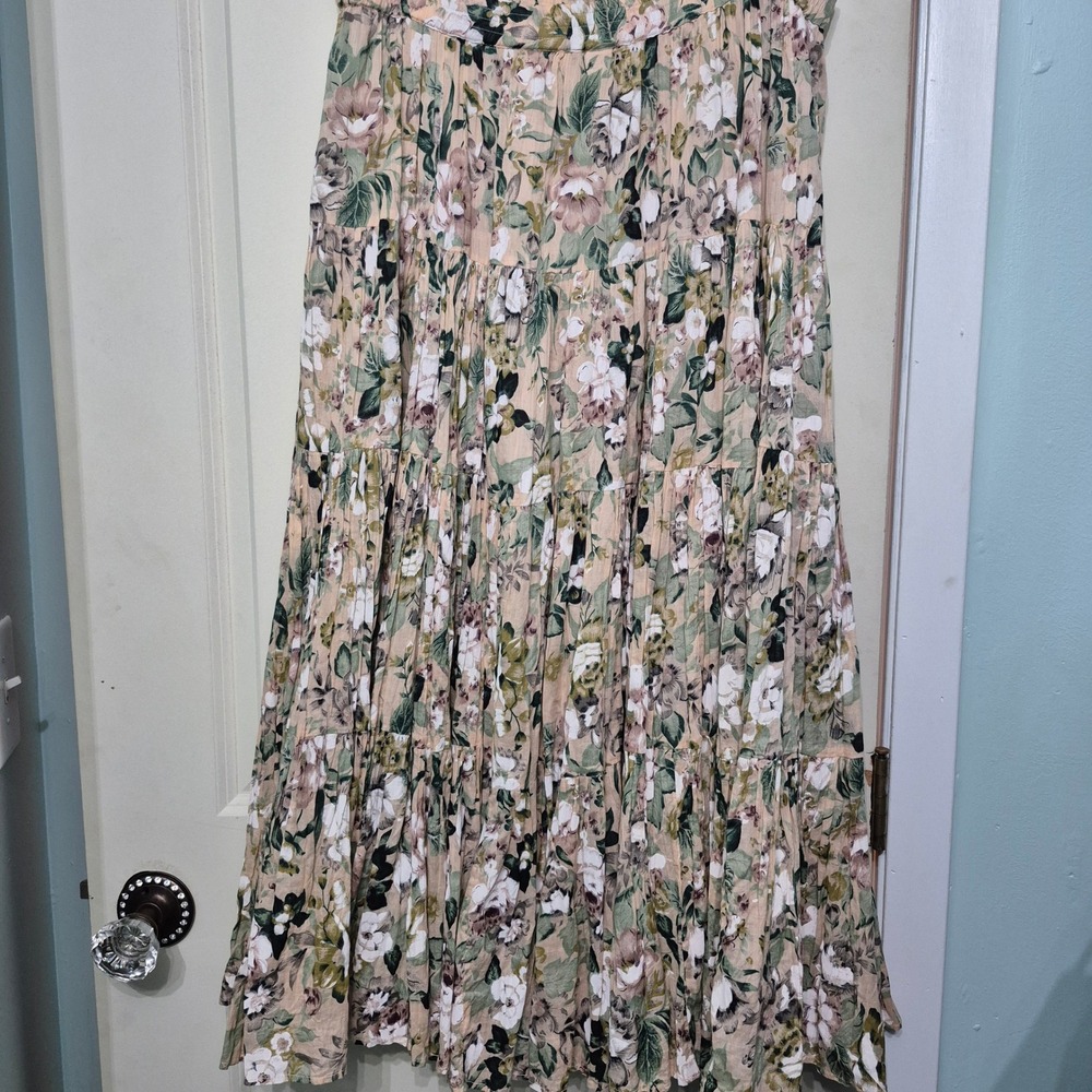 Vintage 90s Sarah Arizona Floral Cotton Gauze Tiered Maxi Skirt Pink Sage Green - Picture 3 of 5